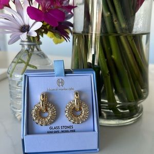BNIB House of Harlow 1960 Round Earrings w. Glass Stones, Gold Tone